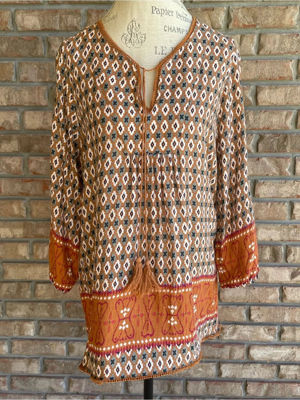 Pleione Orange Patterned Tassel-Front Boho Peasant Top.